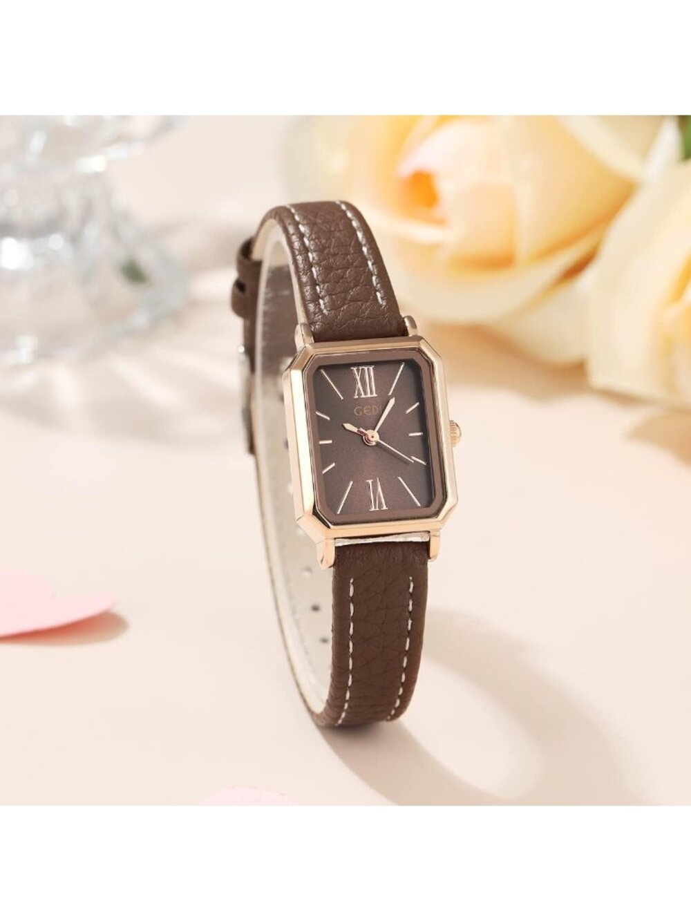 Women's Brown Rose Rectangle Leather Strap Quartz Bangle Vintage Watch
